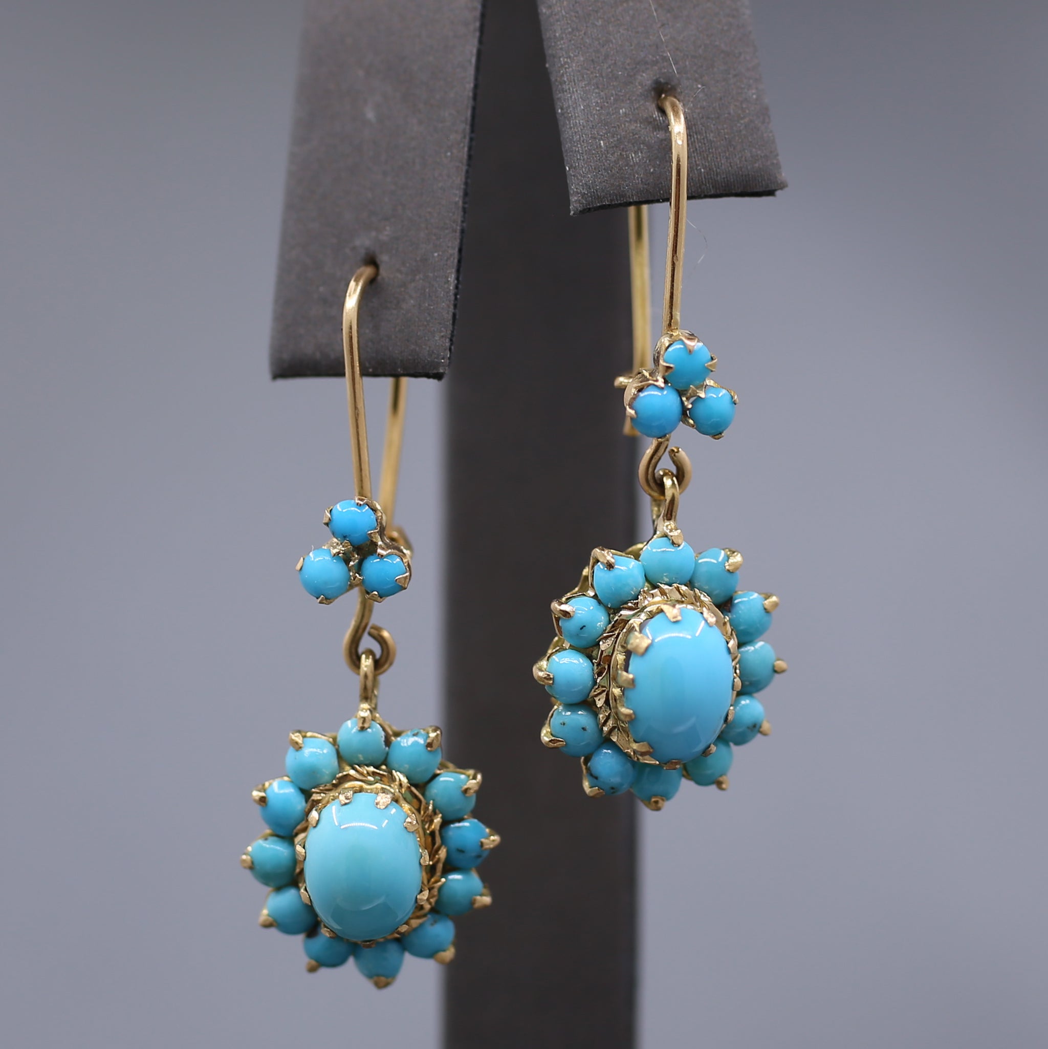 Antique Victorian Turquoise Dangle Earrings in 14k Yellow Gold
