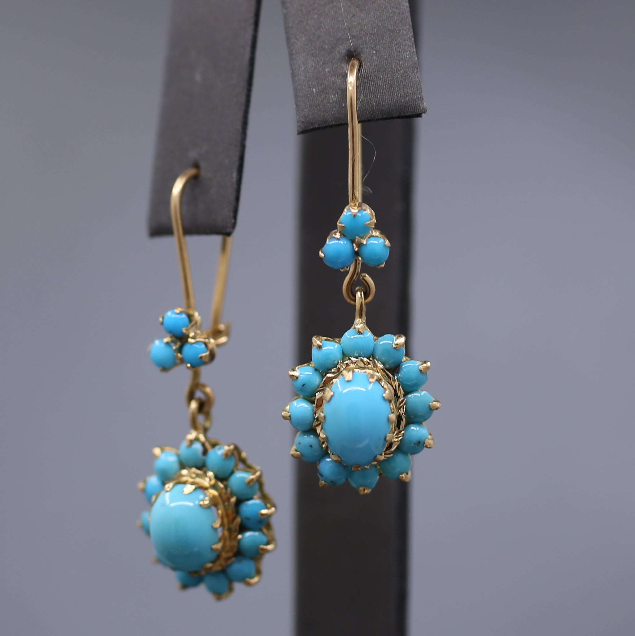 Antique Victorian Turquoise Dangle Earrings in 14k Yellow Gold
