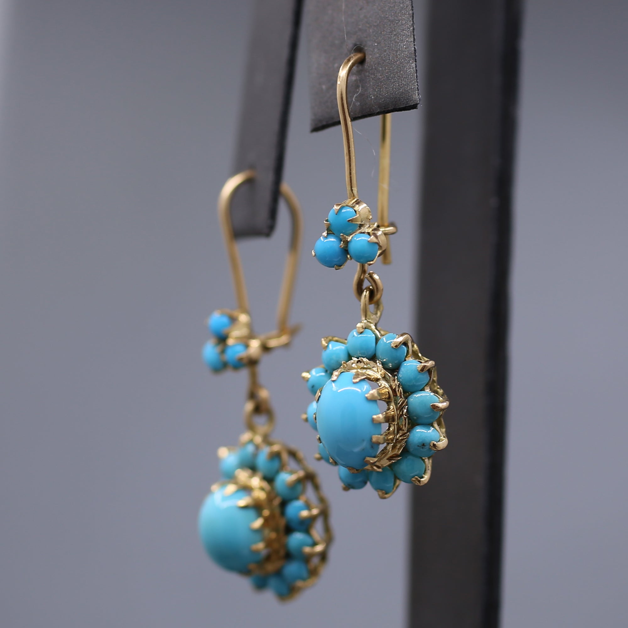 Antique Victorian Turquoise Dangle Earrings in 14k Yellow Gold