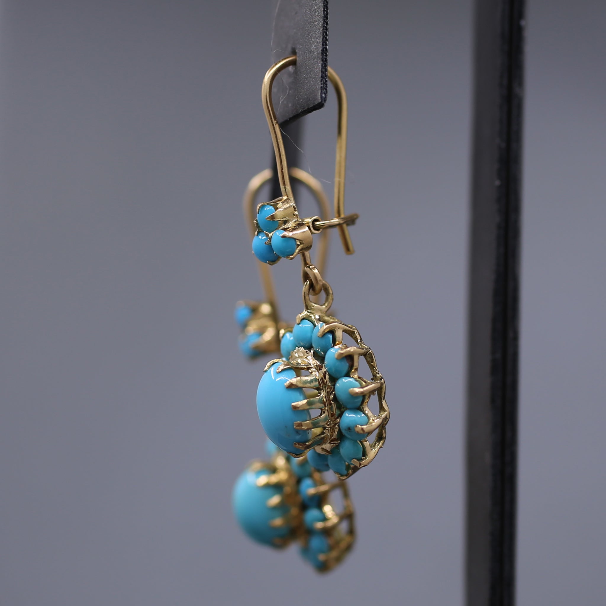 Antique Victorian Turquoise Dangle Earrings in 14k Yellow Gold