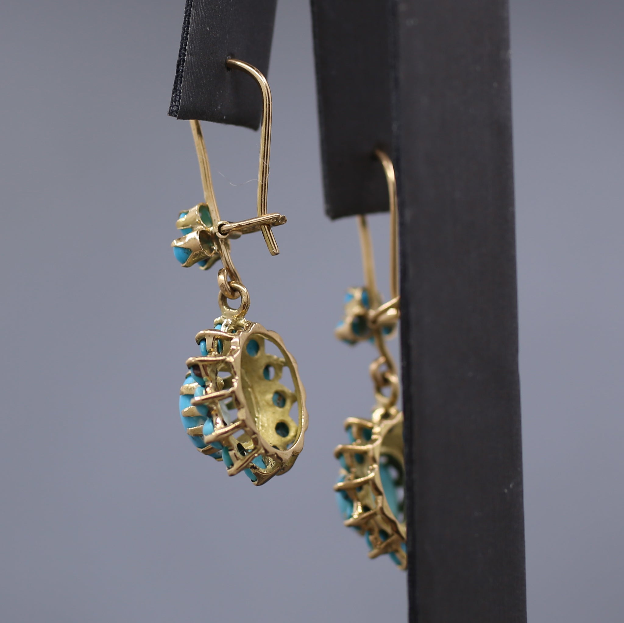 Antique Victorian Turquoise Dangle Earrings in 14k Yellow Gold
