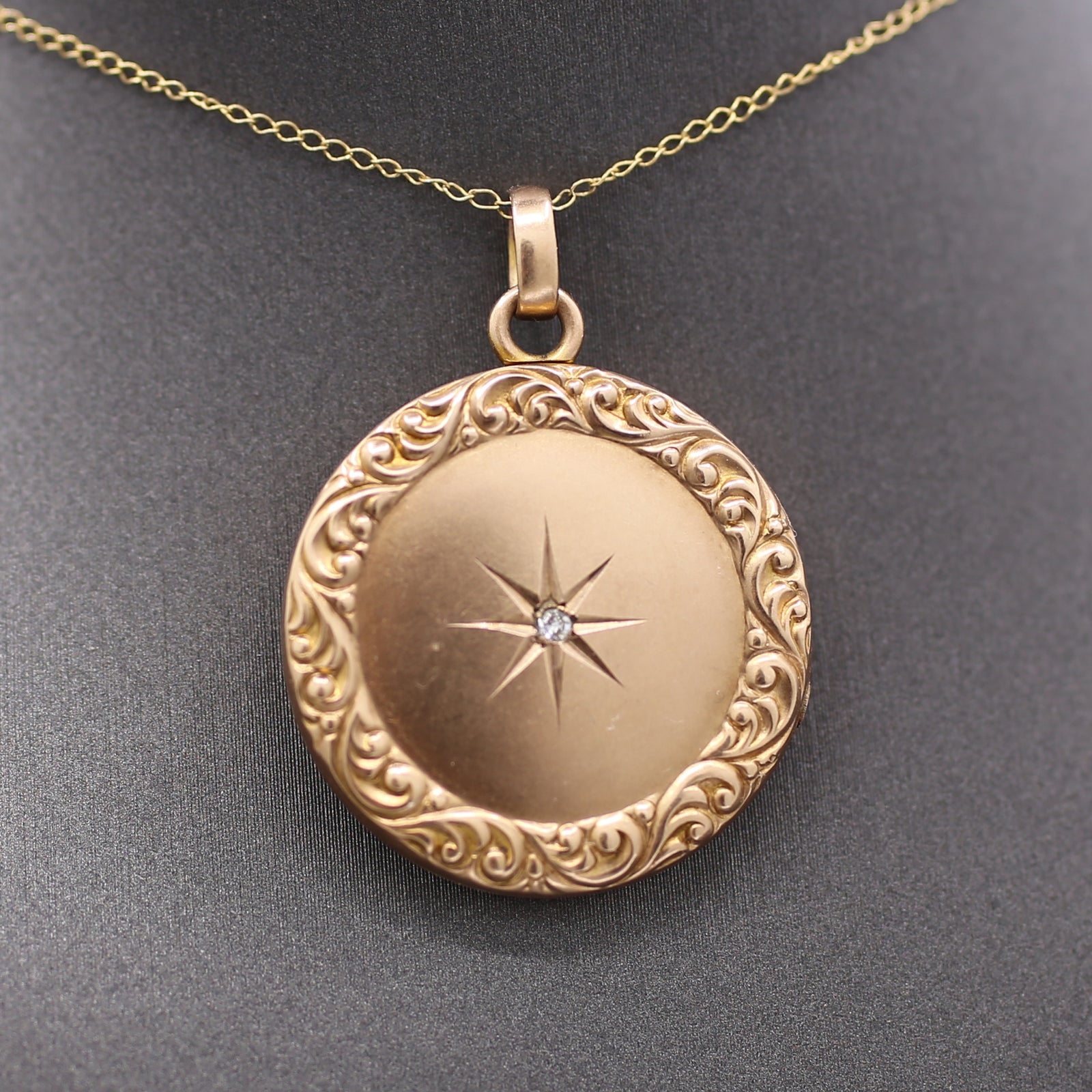 Charming Victorian Old Cut Diamond Locket with Garland Frame in 10k Yellow Gold