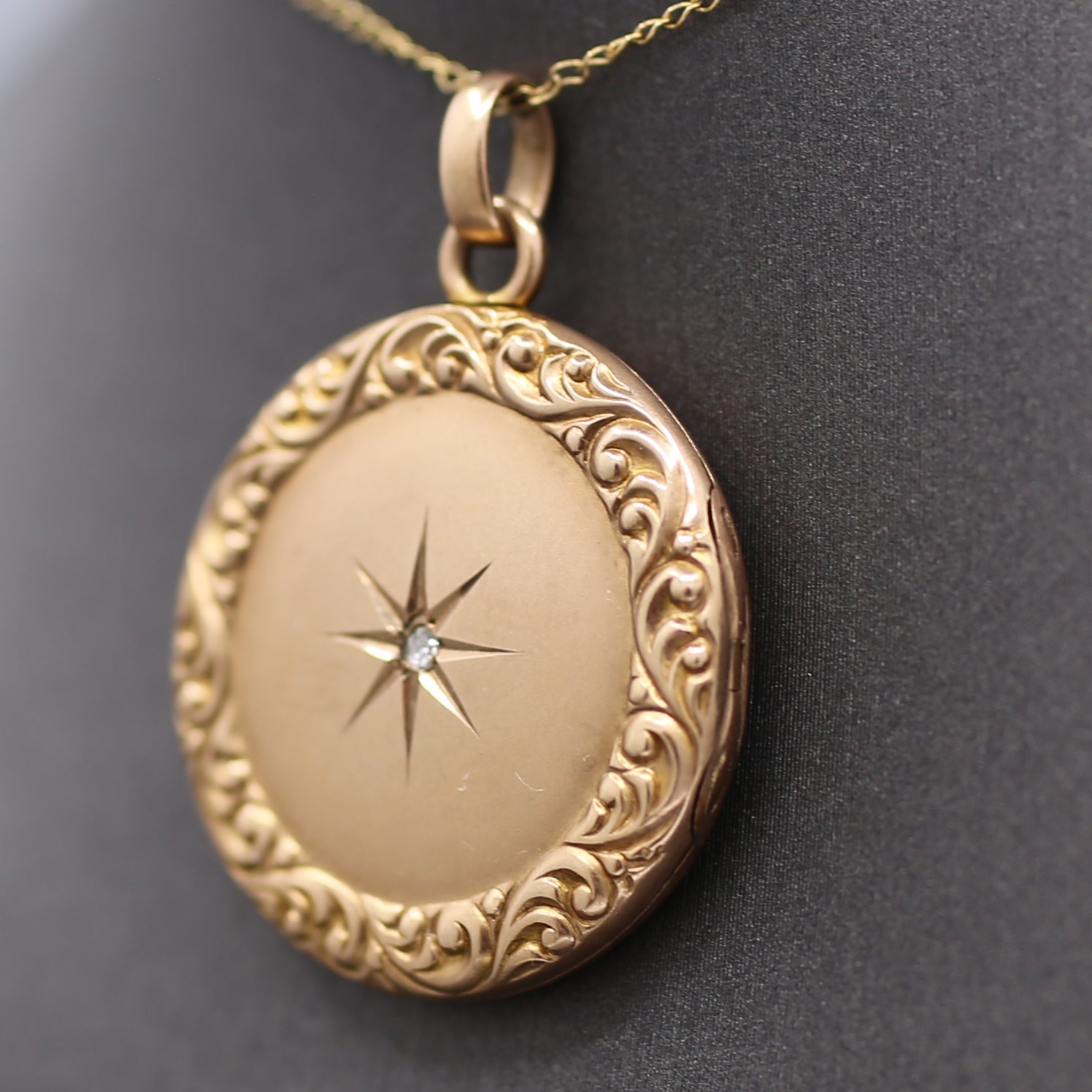 Charming Victorian Old Cut Diamond Locket with Garland Frame in 10k Yellow Gold