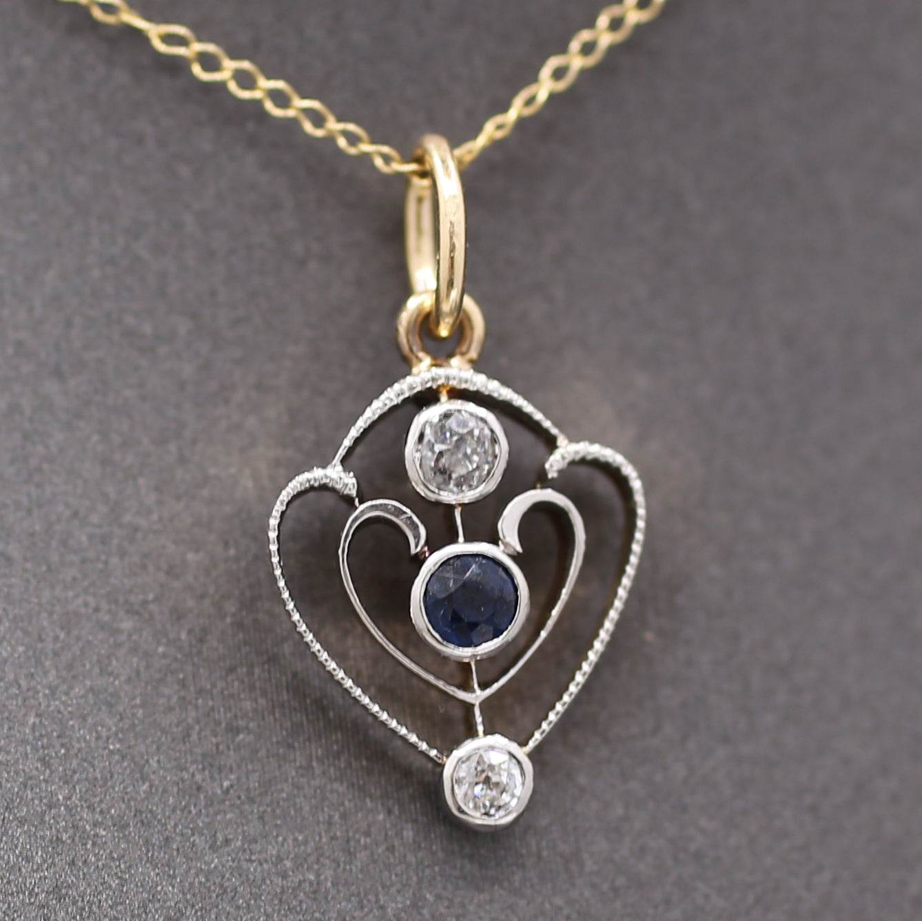 Petite Edwardian Old Mine Cut Diamond Pendant in 14k Yellow Gold and Platinum