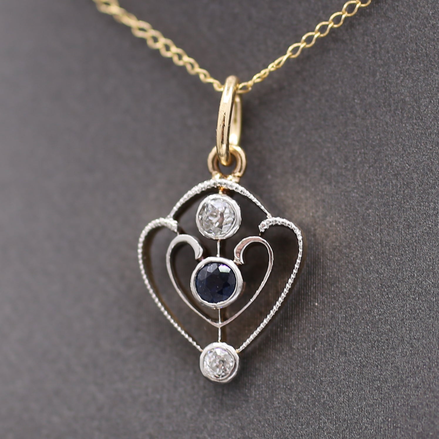 Petite Edwardian Old Mine Cut Diamond Pendant in 14k Yellow Gold and Platinum