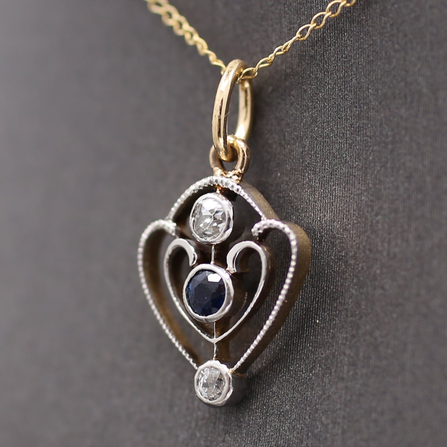 Petite Edwardian Old Mine Cut Diamond Pendant in 14k Yellow Gold and Platinum