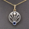 Antique Edwardian Yogo Sapphire and Pearl Pendant Charm in Platinum and 14k Yellow Gold