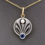 Antique Edwardian Yogo Sapphire and Pearl Pendant Charm in Platinum and 14k Yellow Gold