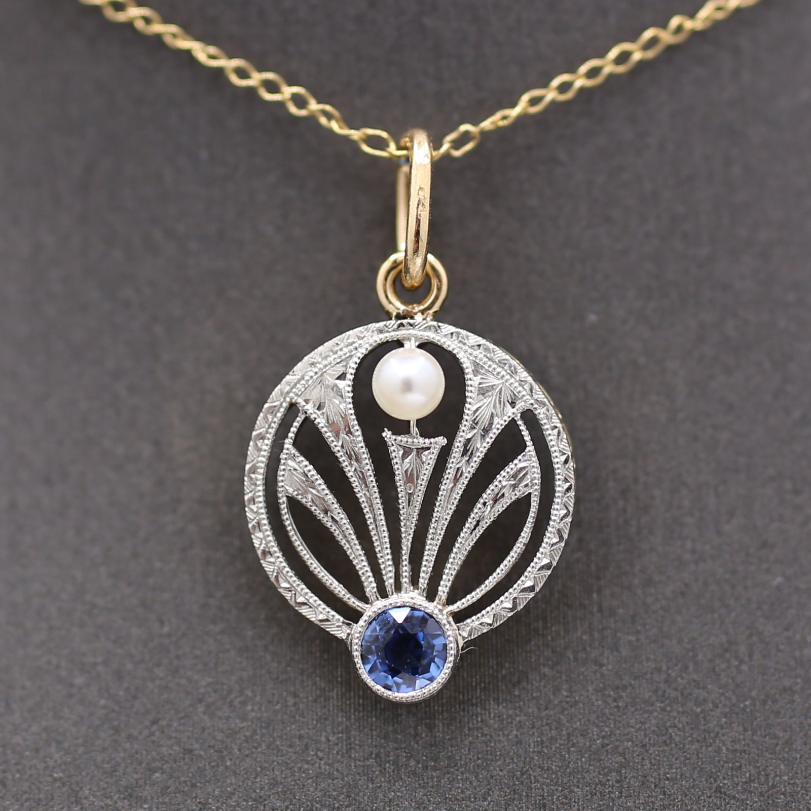 Antique Edwardian Yogo Sapphire and Pearl Pendant Charm in Platinum and 14k Yellow Gold