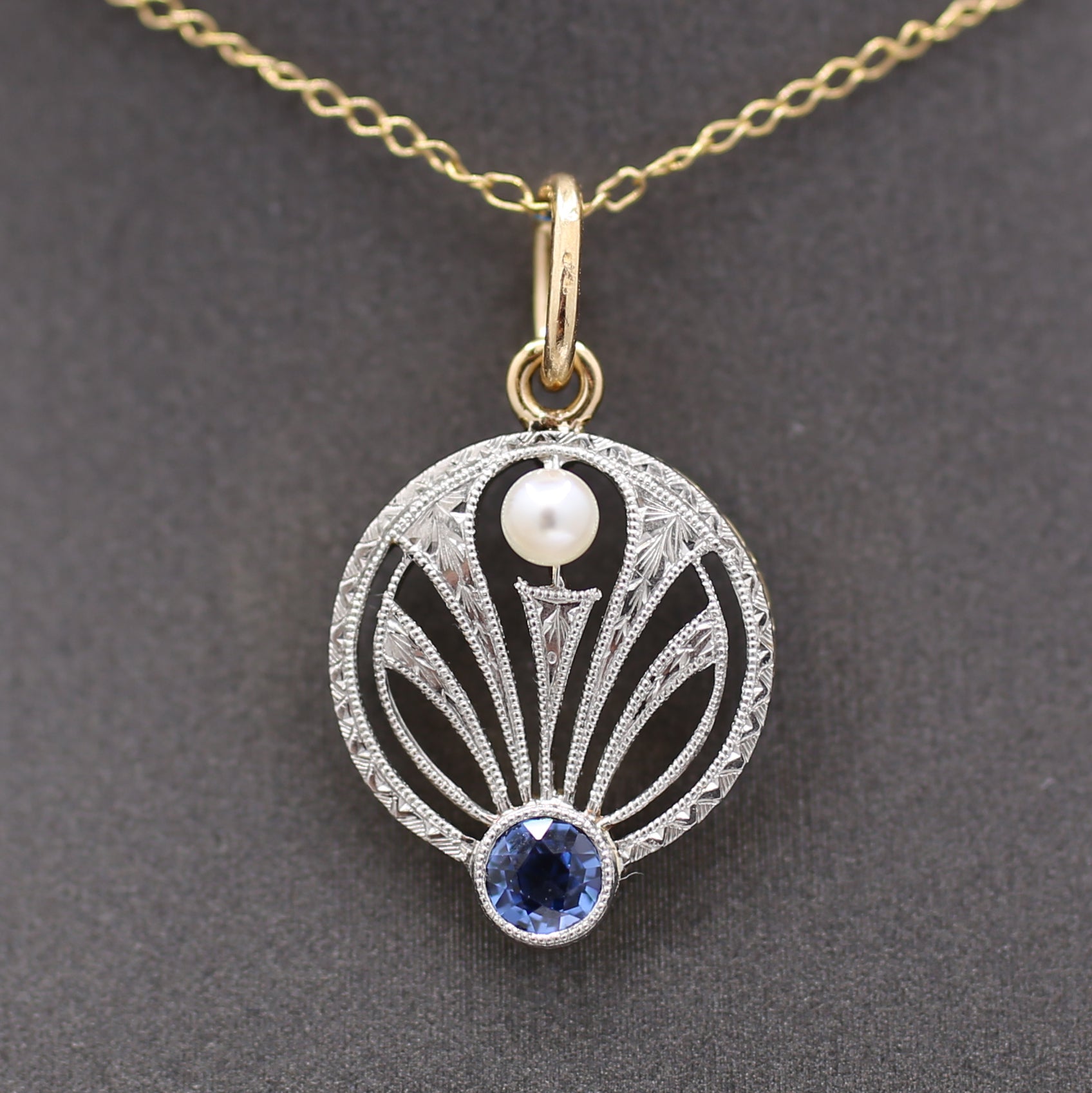 Antique Edwardian Yogo Sapphire and Pearl Pendant Charm in Platinum and 14k Yellow Gold
