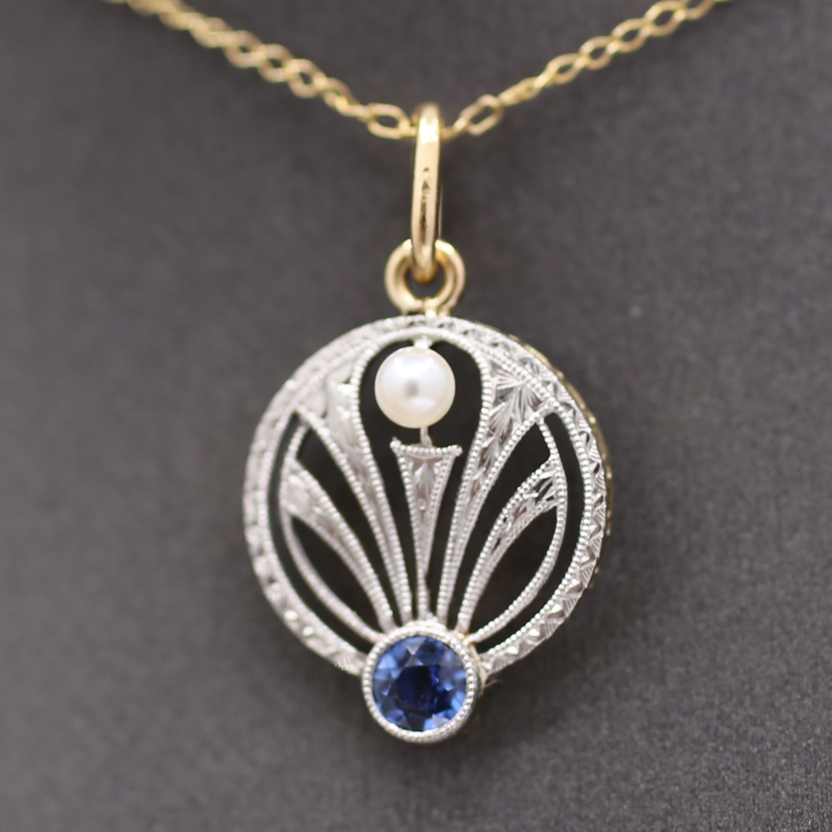 Antique Edwardian Yogo Sapphire and Pearl Pendant Charm in Platinum and 14k Yellow Gold
