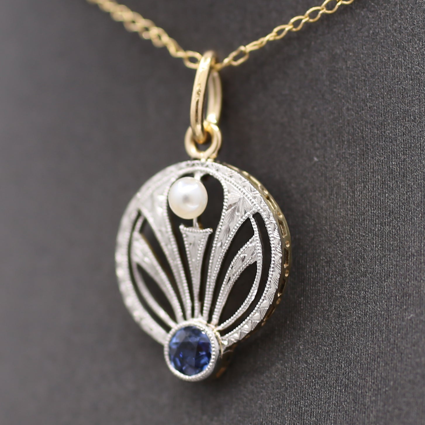 Antique Edwardian Yogo Sapphire and Pearl Pendant Charm in Platinum and 14k Yellow Gold