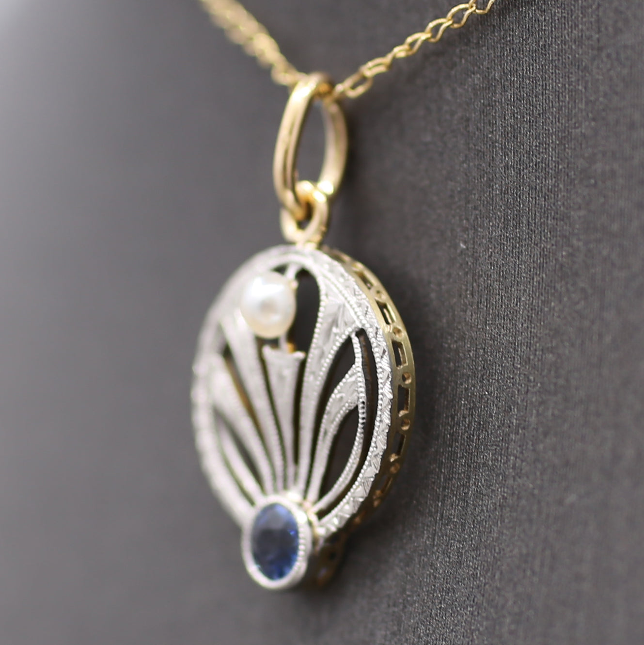 Antique Edwardian Yogo Sapphire and Pearl Pendant Charm in Platinum and 14k Yellow Gold