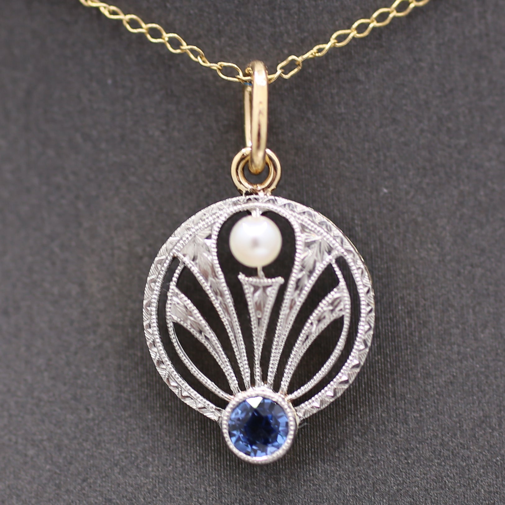Antique Edwardian Yogo Sapphire and Pearl Pendant Charm in Platinum and 14k Yellow Gold