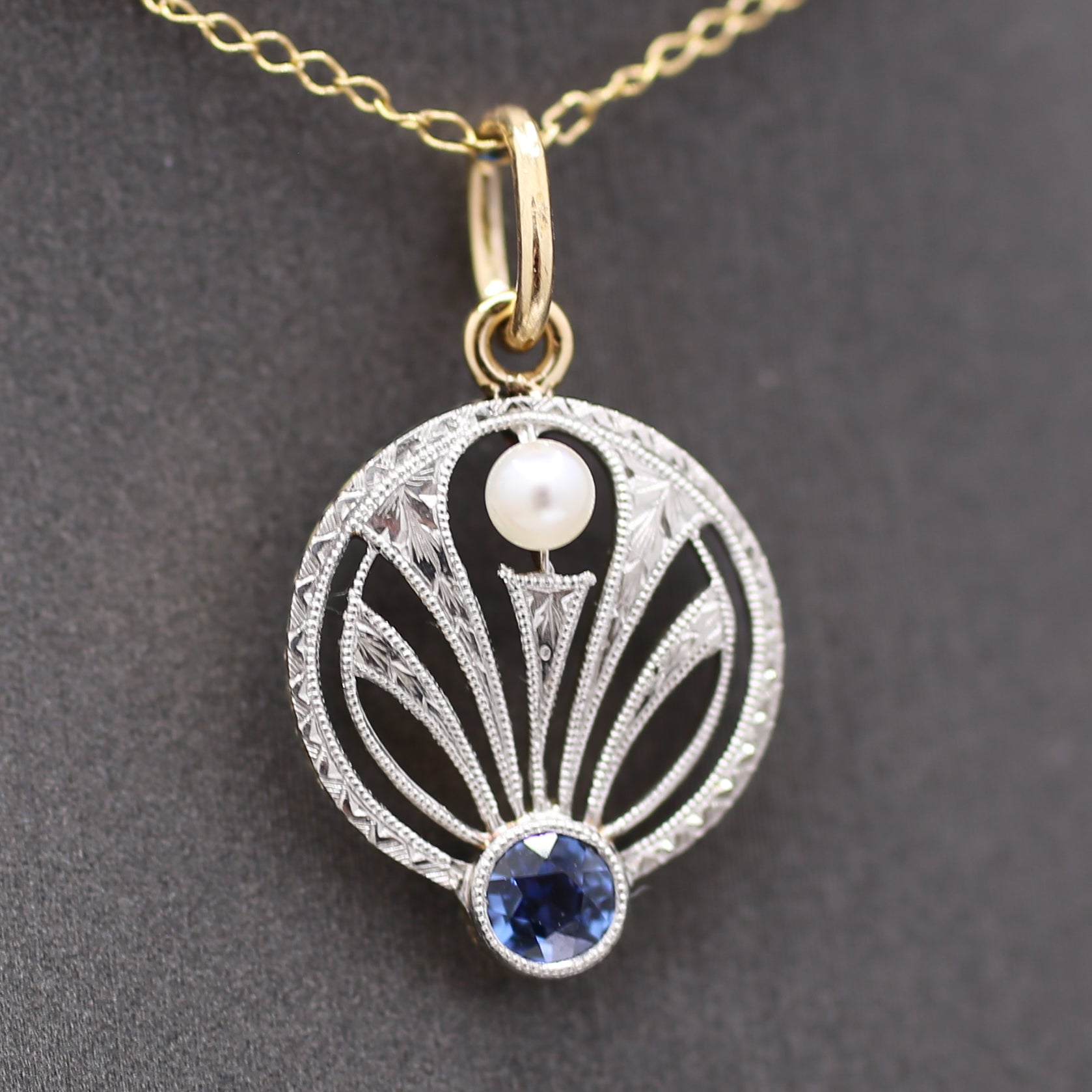 Antique Edwardian Yogo Sapphire and Pearl Pendant Charm in Platinum and 14k Yellow Gold