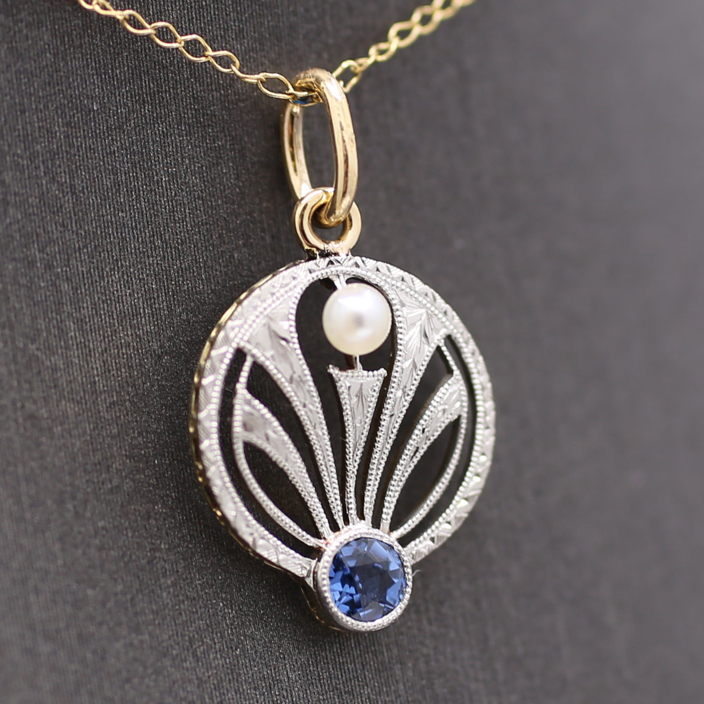 Antique Edwardian Yogo Sapphire and Pearl Pendant Charm in Platinum and 14k Yellow Gold