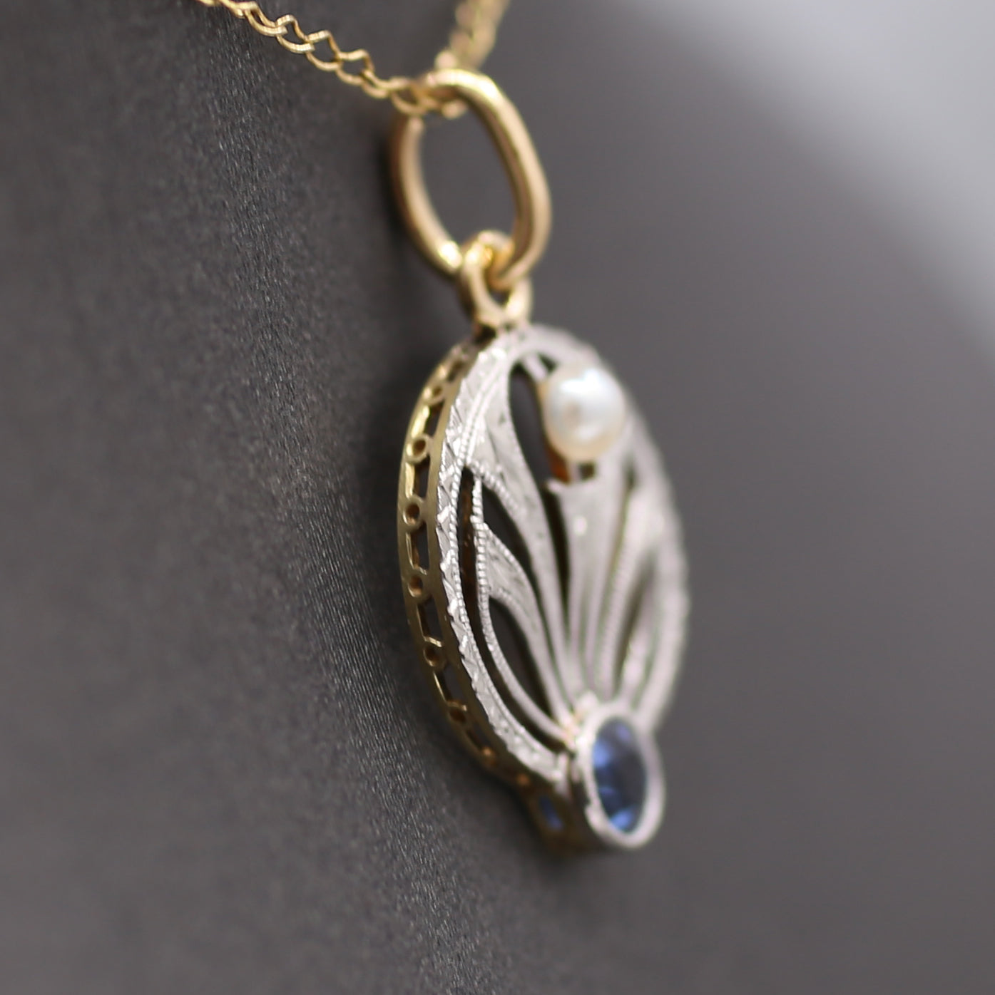 Antique Edwardian Yogo Sapphire and Pearl Pendant Charm in Platinum and 14k Yellow Gold