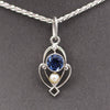 Petite Edwardian Yogo Montana Sapphire and Seed Pearl Pendant Charm in Platinum