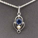 Petite Edwardian Yogo Montana Sapphire and Seed Pearl Pendant Charm in Platinum