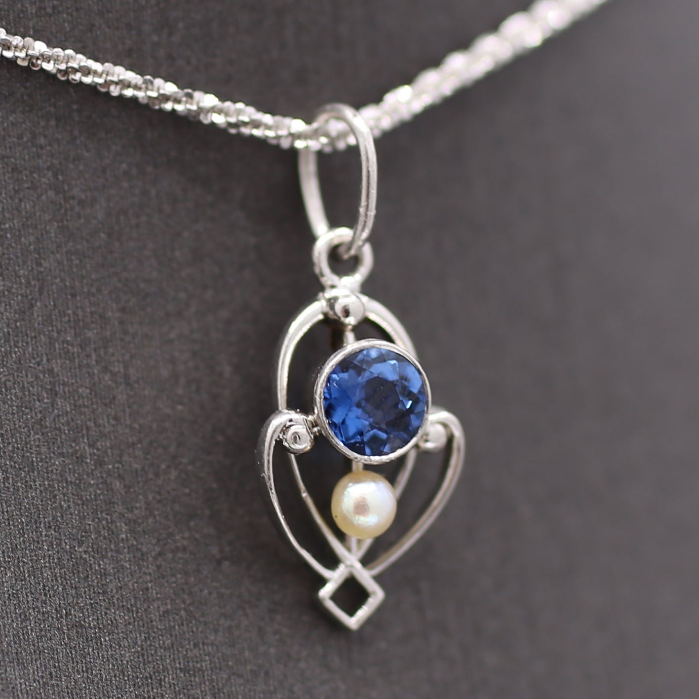 Petite Edwardian Yogo Montana Sapphire and Seed Pearl Pendant Charm in Platinum