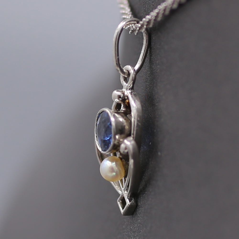 Petite Edwardian Yogo Montana Sapphire and Seed Pearl Pendant Charm in Platinum