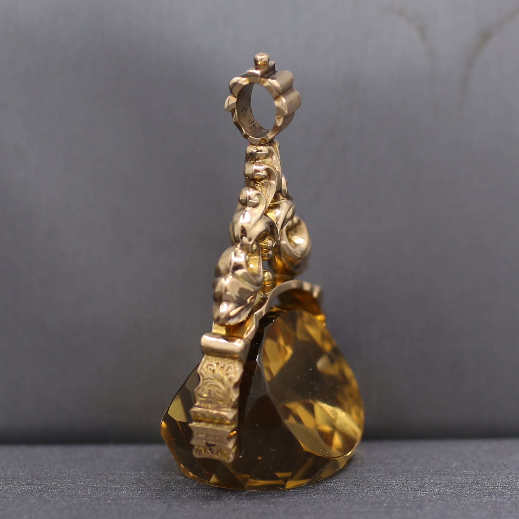 Victorian Large Citrine Spinner Watch Fob Pendant in 9k Yellow Gold