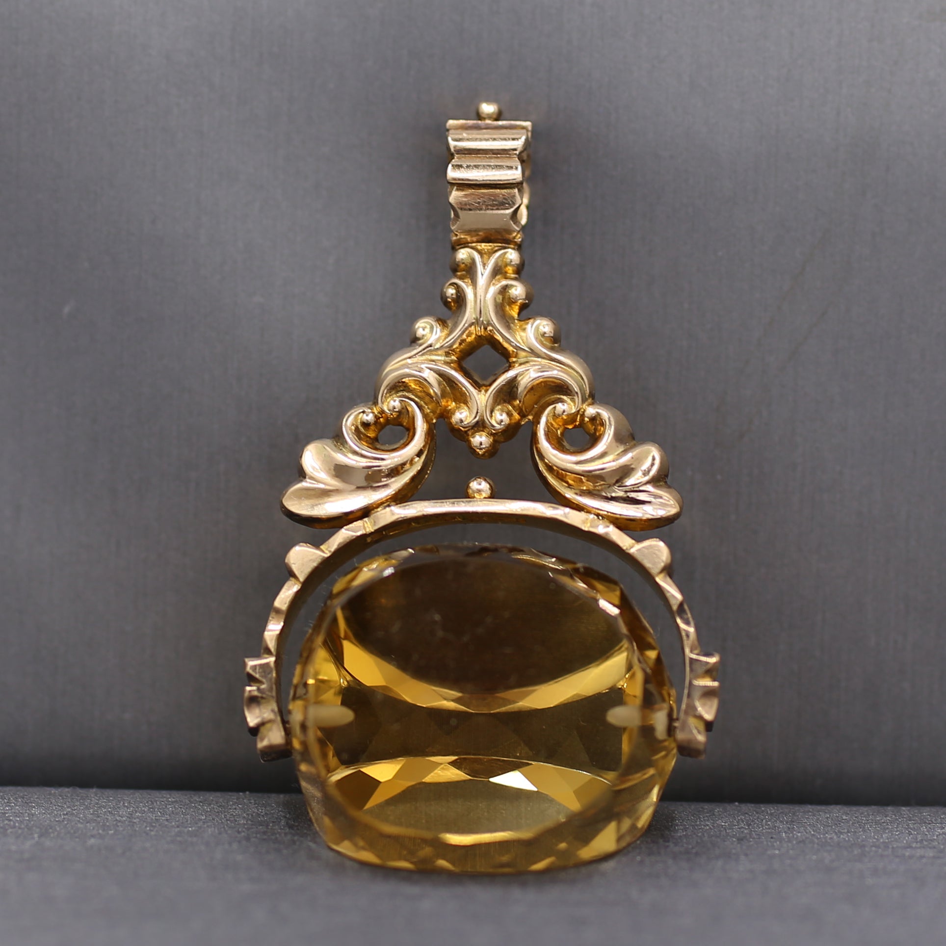 Victorian Large Citrine Spinner Watch Fob Pendant in 9k Yellow Gold