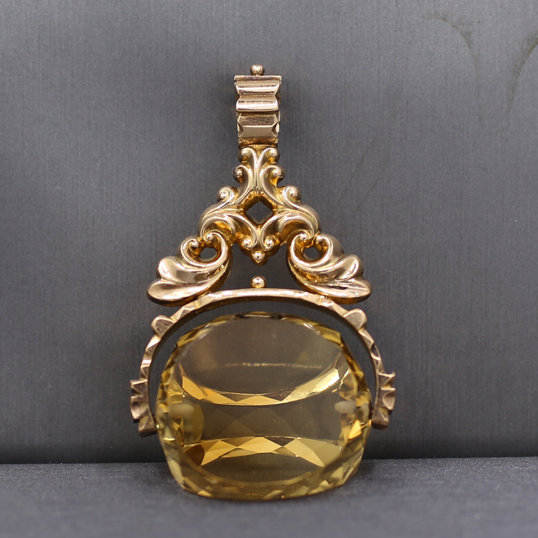 Victorian Large Citrine Spinner Watch Fob Pendant in 9k Yellow Gold