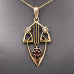 Charming Antique Art Nouveau Garnet and Pearl Pendant in 14k Rosy Gold