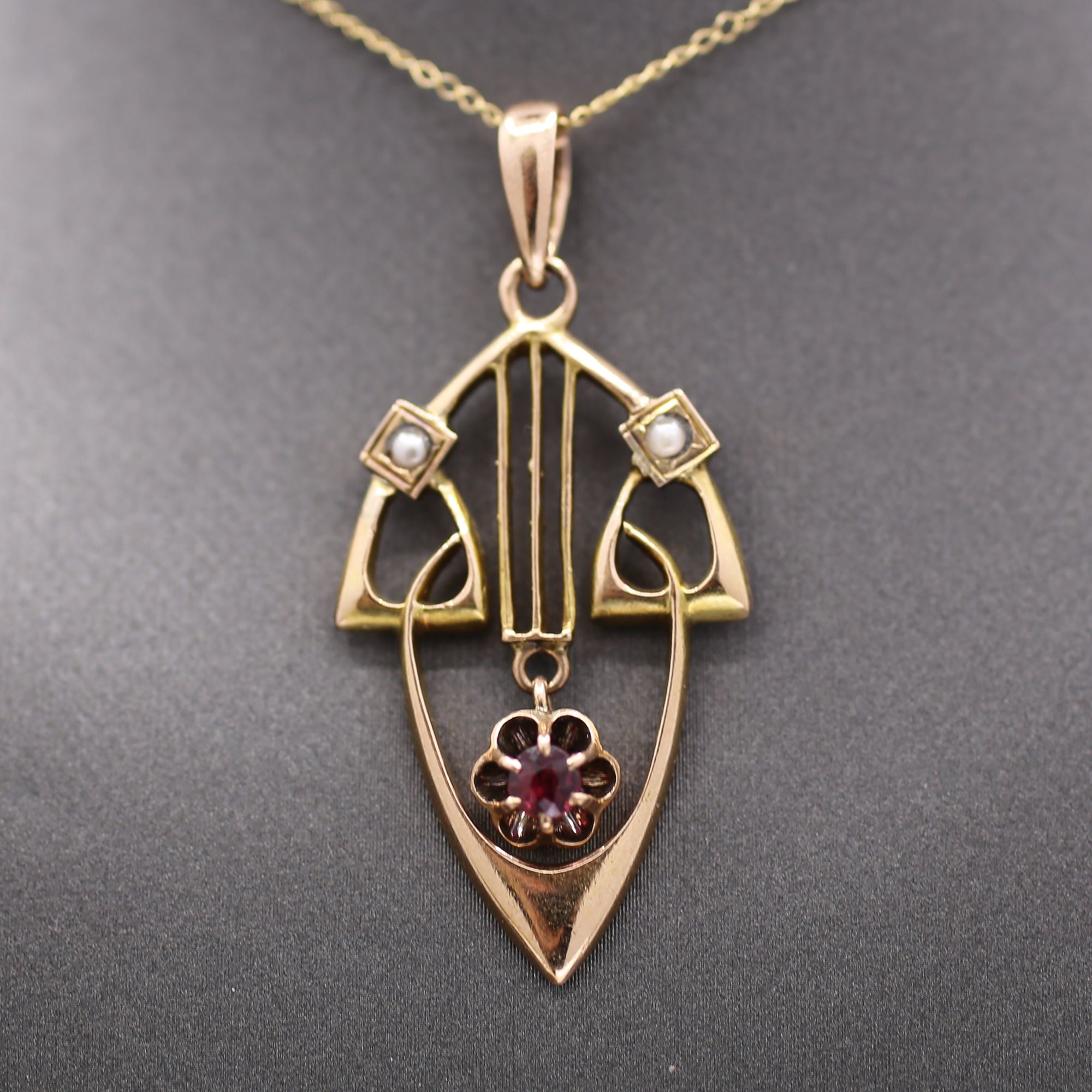 Charming Antique Art Nouveau Garnet and Pearl Pendant in 14k Rosy Gold