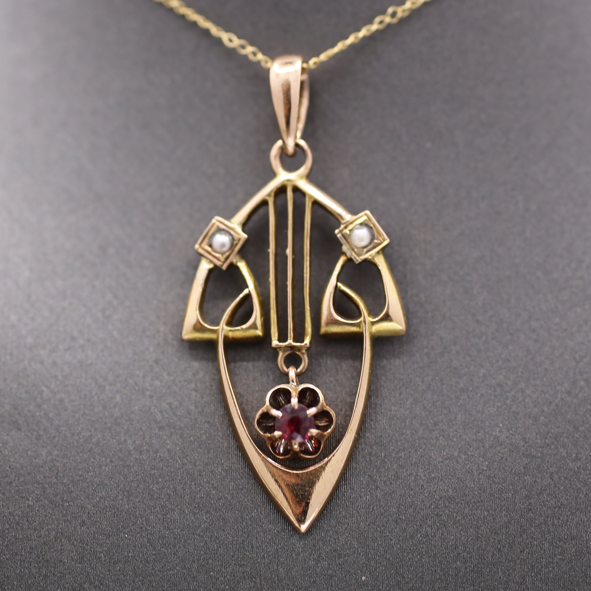 Charming Antique Art Nouveau Garnet and Pearl Pendant in 14k Rosy Gold