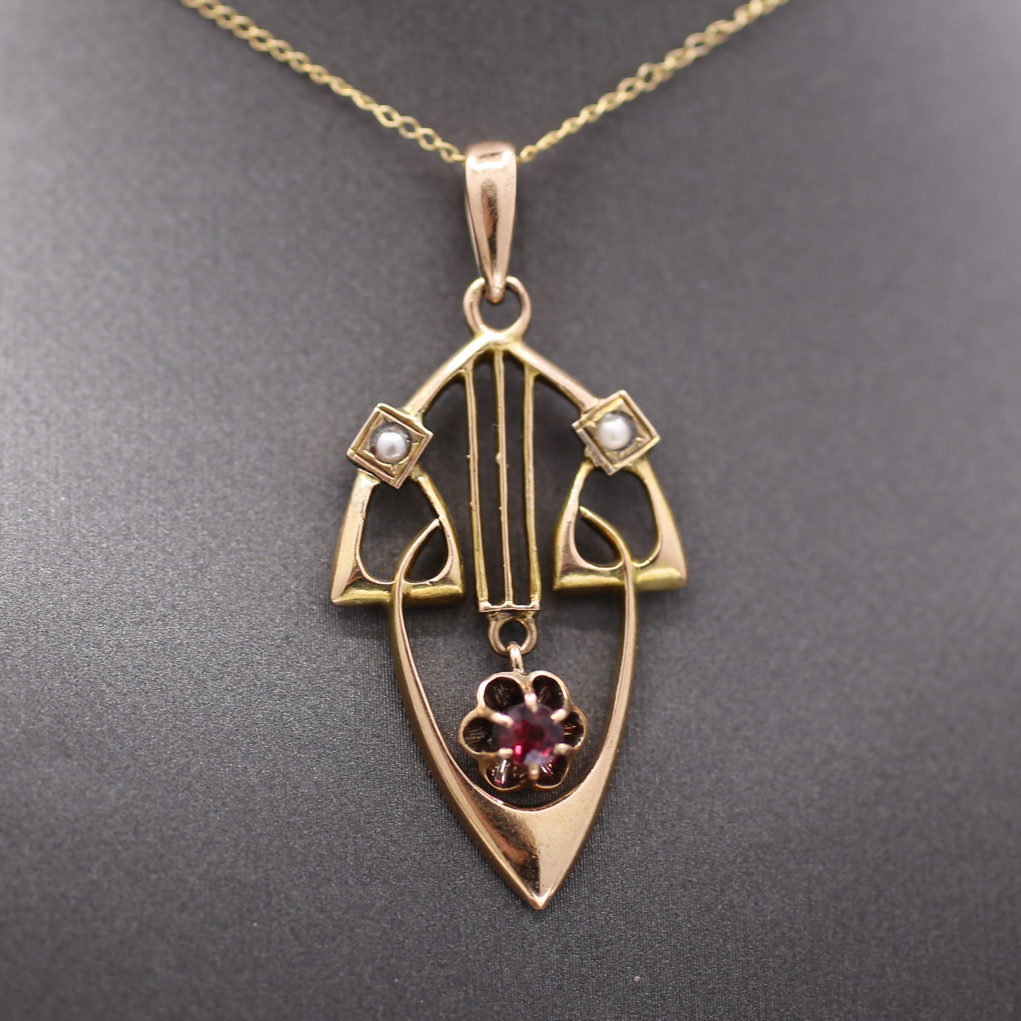 Charming Antique Art Nouveau Garnet and Pearl Pendant in 14k Rosy Gold