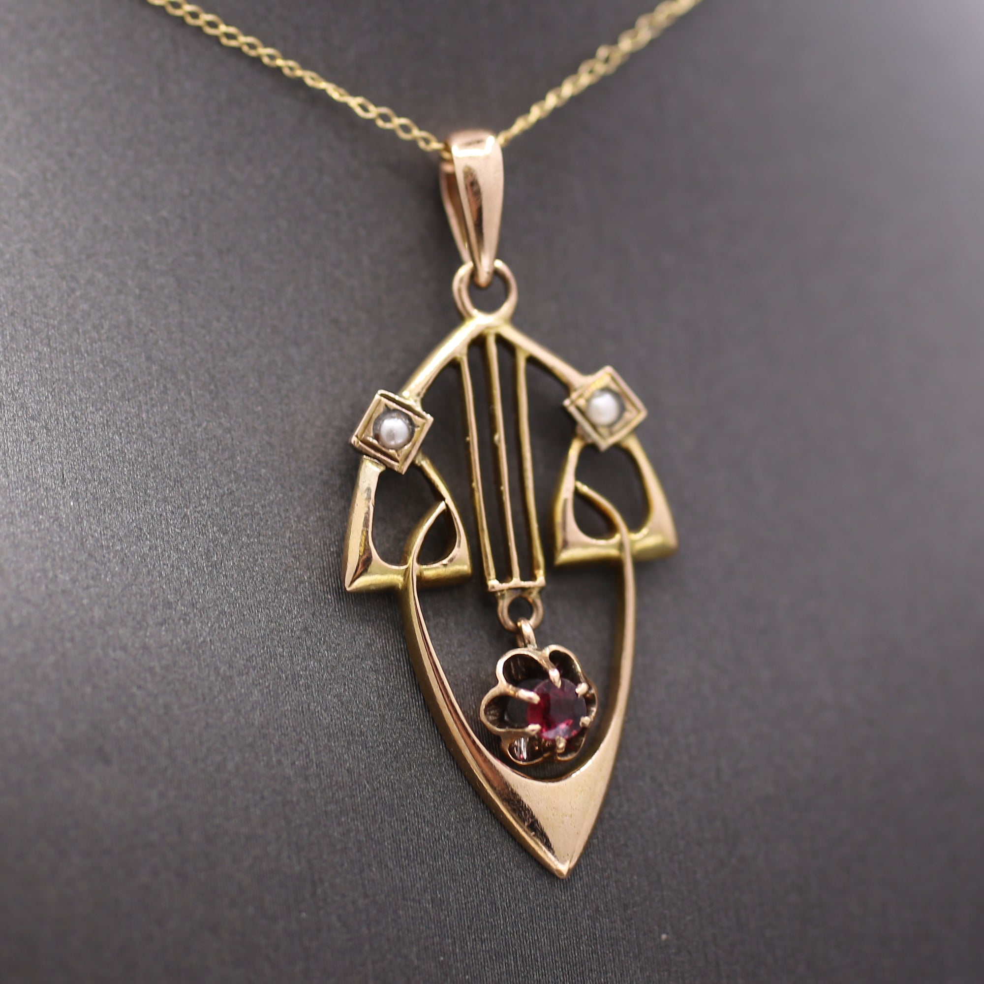 Charming Antique Art Nouveau Garnet and Pearl Pendant in 14k Rosy Gold