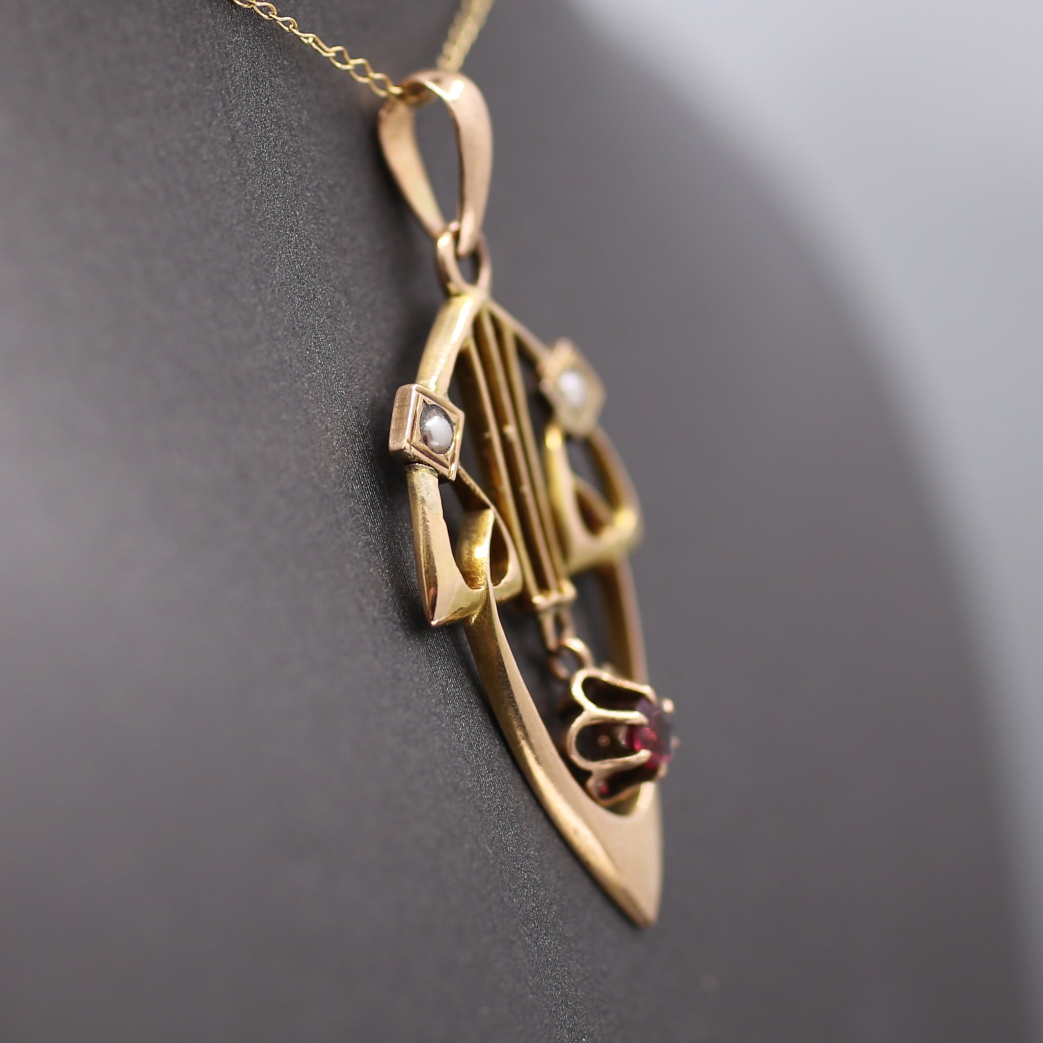 Charming Antique Art Nouveau Garnet and Pearl Pendant in 14k Rosy Gold