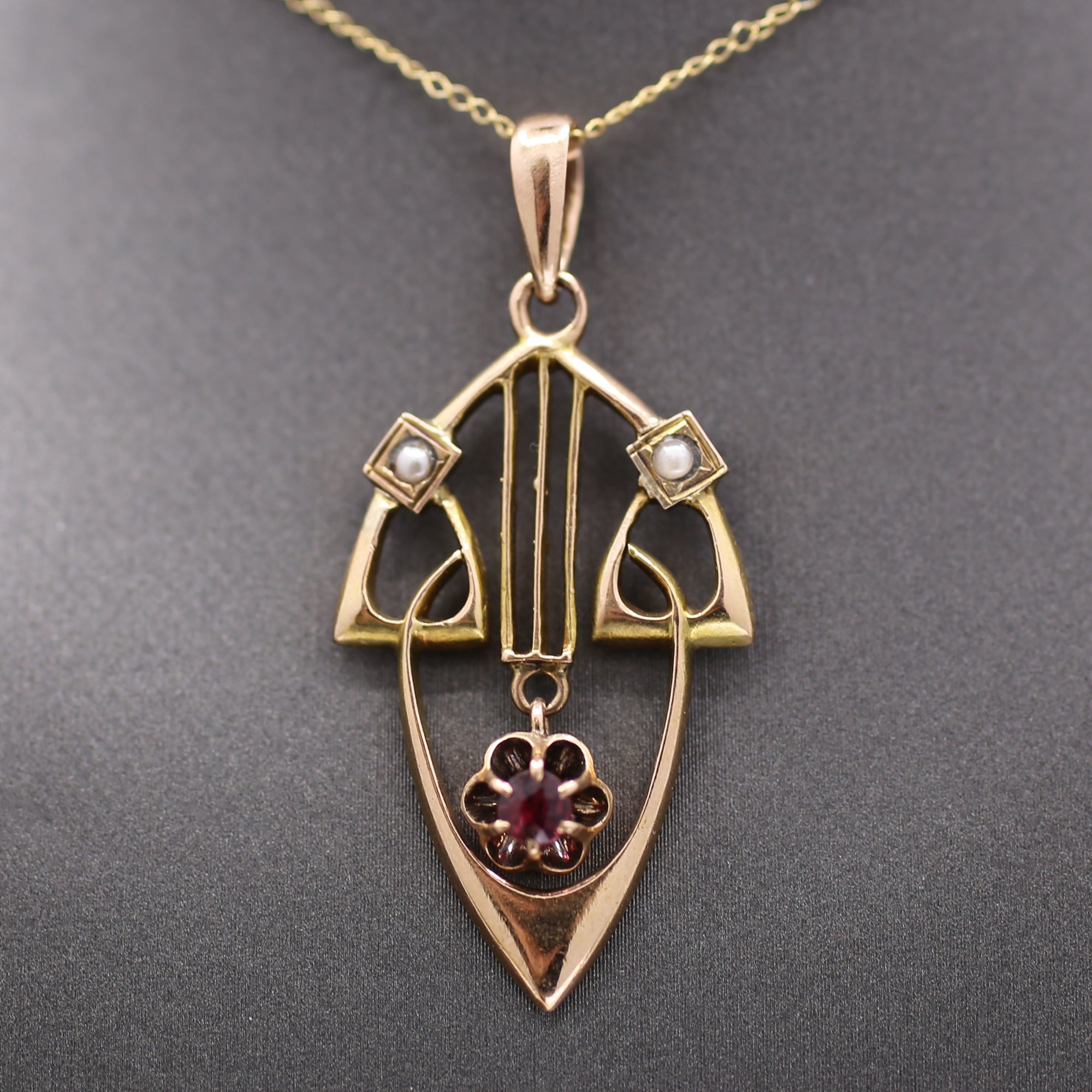 Charming Antique Art Nouveau Garnet and Pearl Pendant in 14k Rosy Gold