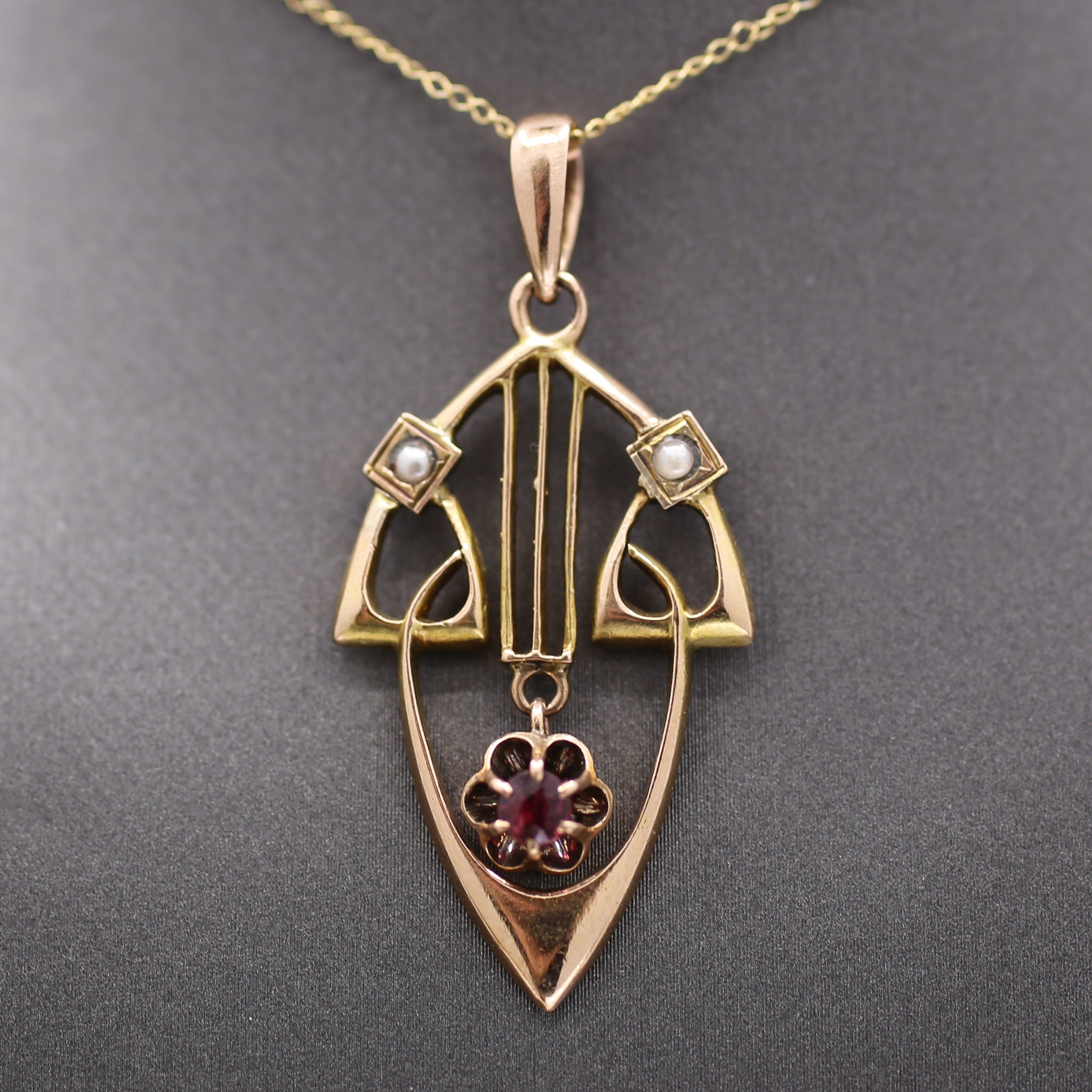 Charming Antique Art Nouveau Garnet and Pearl Pendant in 14k Rosy Gold