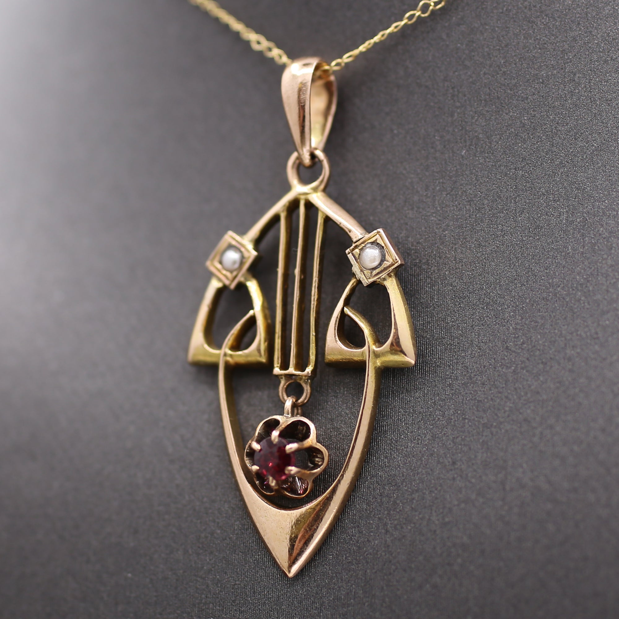 Charming Antique Art Nouveau Garnet and Pearl Pendant in 14k Rosy Gold