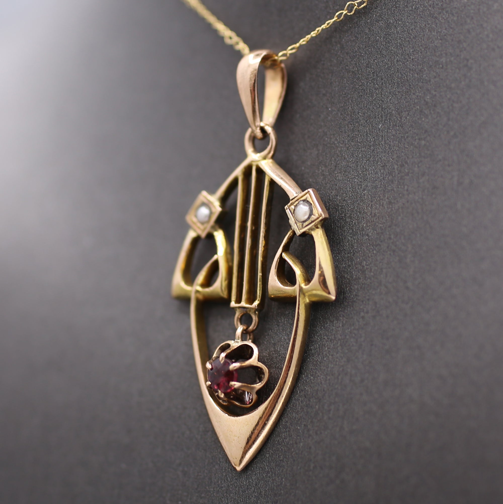 Charming Antique Art Nouveau Garnet and Pearl Pendant in 14k Rosy Gold