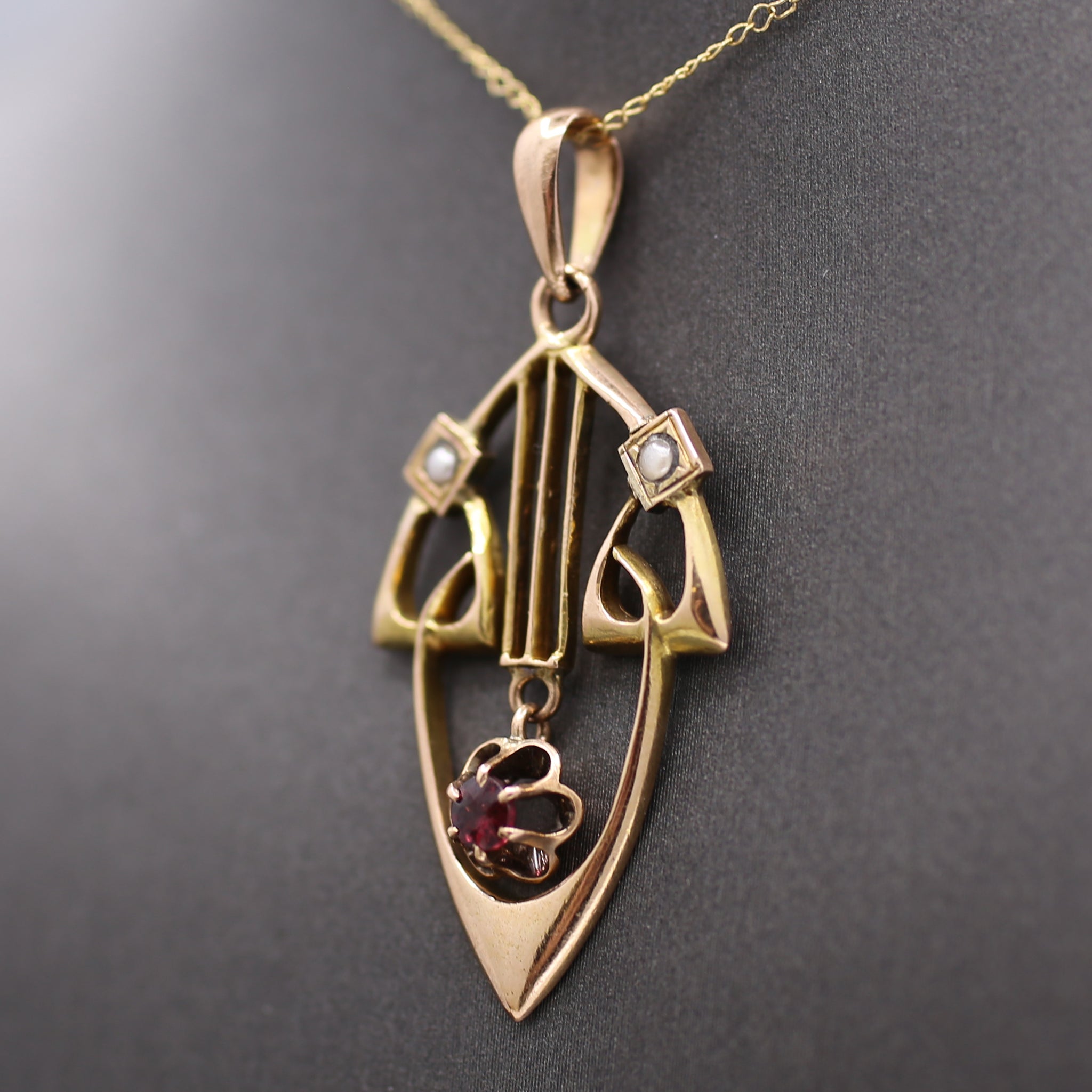 Charming Antique Art Nouveau Garnet and Pearl Pendant in 14k Rosy Gold