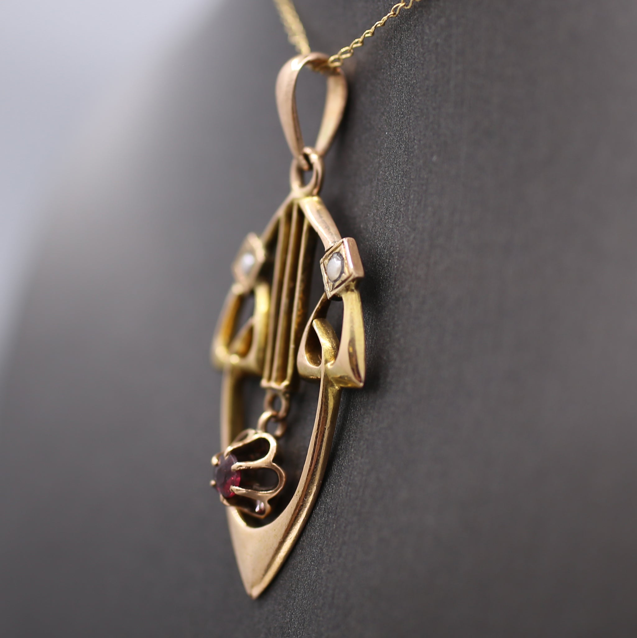 Charming Antique Art Nouveau Garnet and Pearl Pendant in 14k Rosy Gold