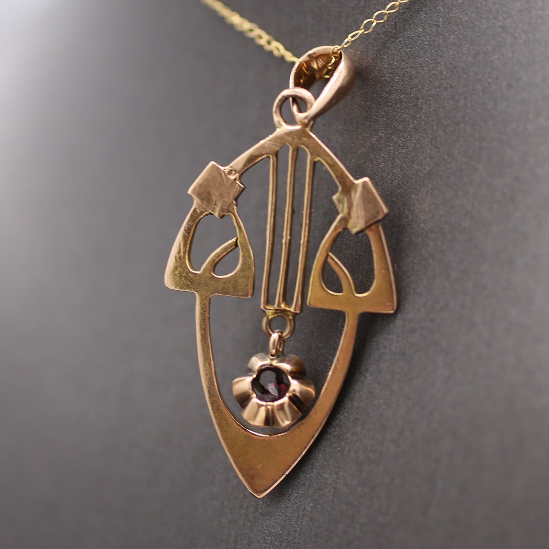 Charming Antique Art Nouveau Garnet and Pearl Pendant in 14k Rosy Gold