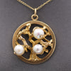  Mid-Century Three Stone Pearl Tree of Life Charm Pendant in 14k Yellow Gold