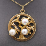  Mid-Century Three Stone Pearl Tree of Life Charm Pendant in 14k Yellow Gold