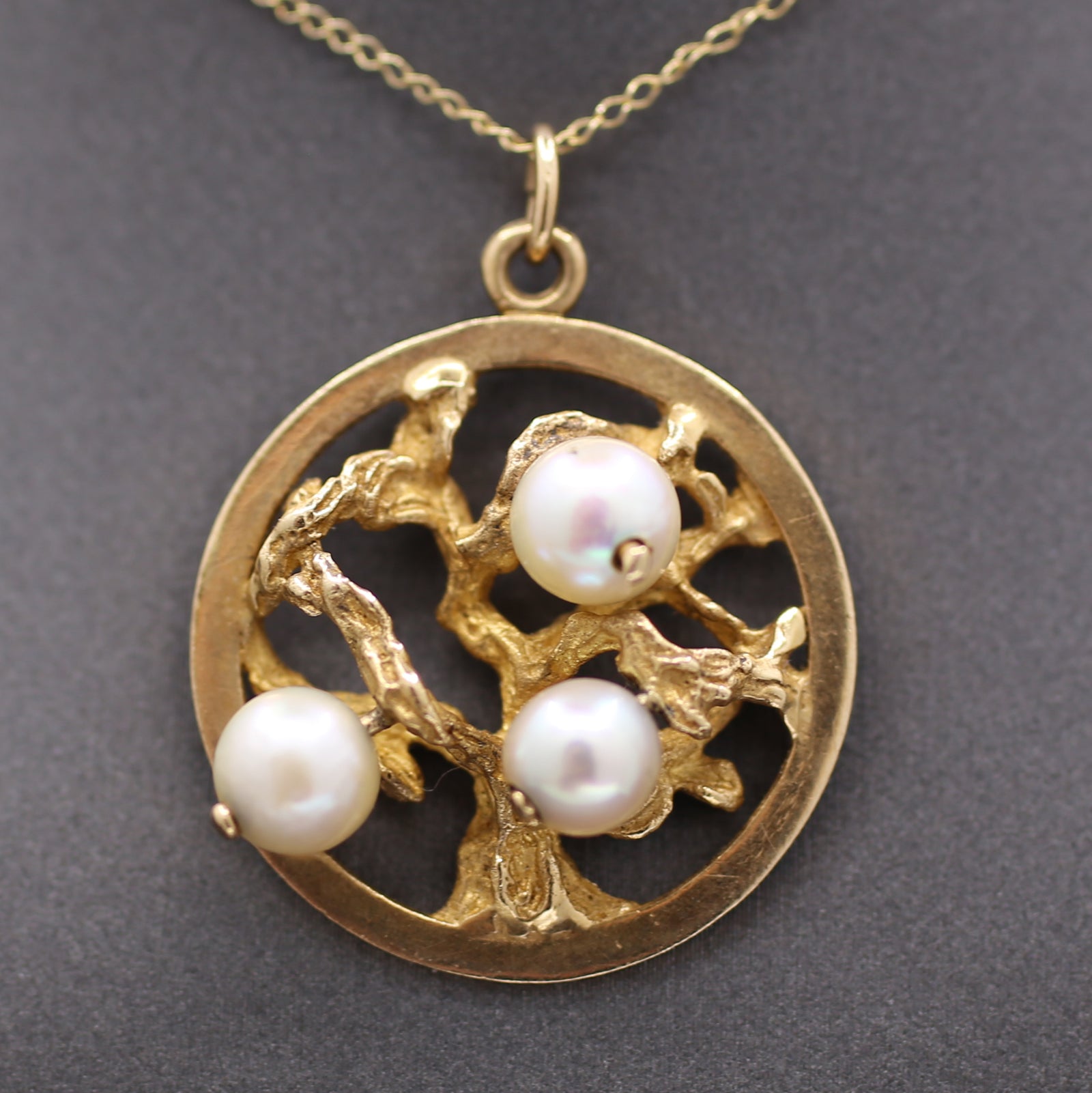  Mid-Century Three Stone Pearl Tree of Life Charm Pendant in 14k Yellow Gold