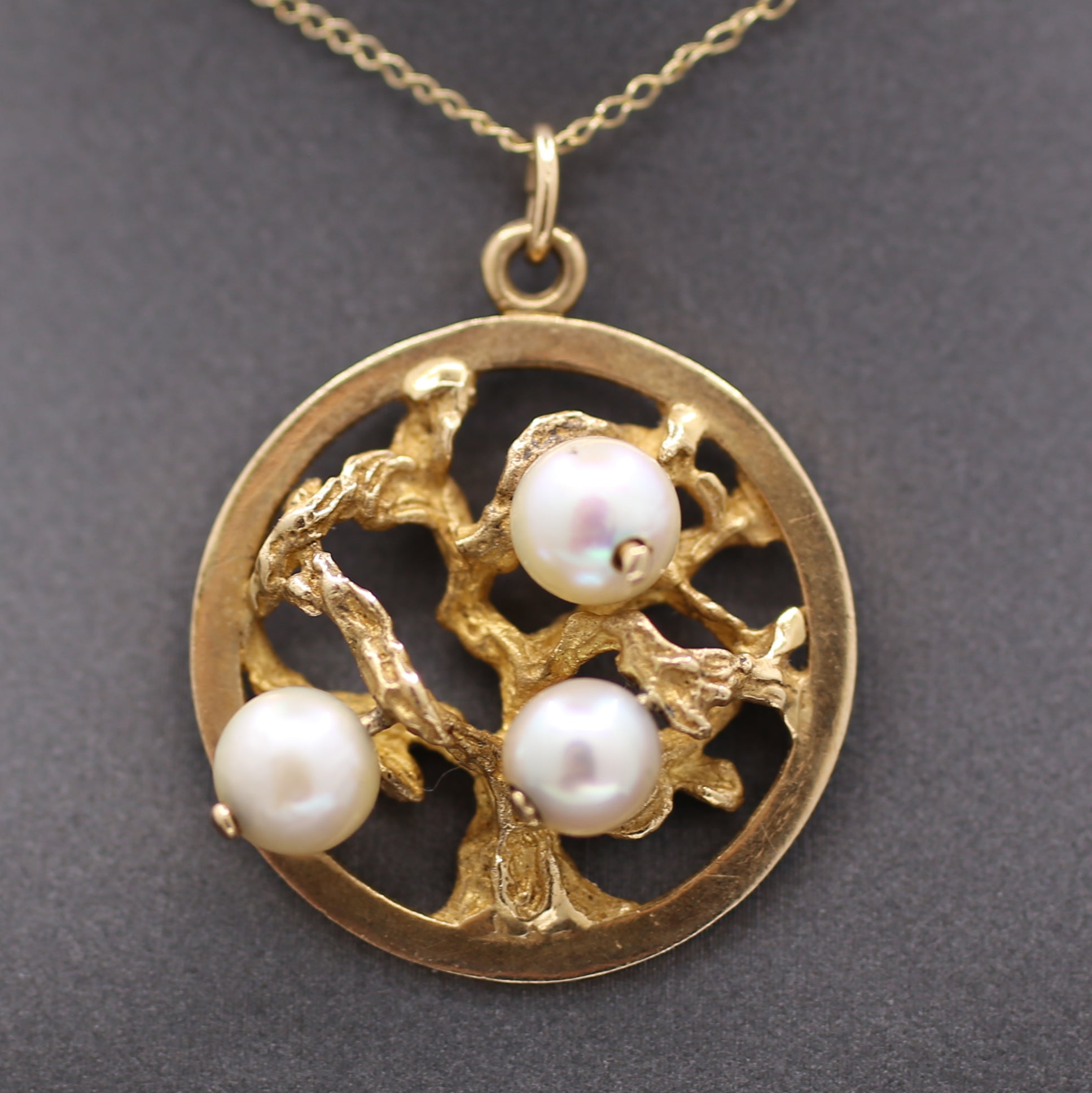  Mid-Century Three Stone Pearl Tree of Life Charm Pendant in 14k Yellow Gold