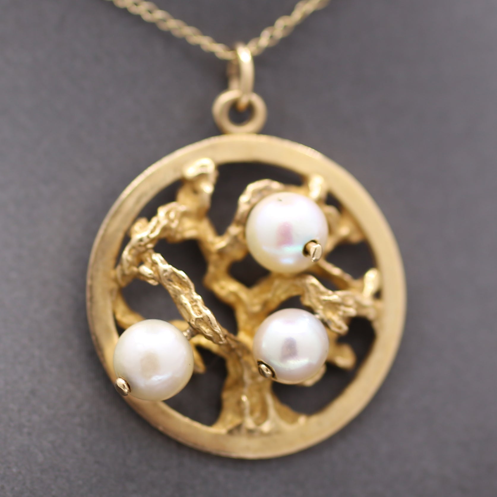  Mid-Century Three Stone Pearl Tree of Life Charm Pendant in 14k Yellow Gold