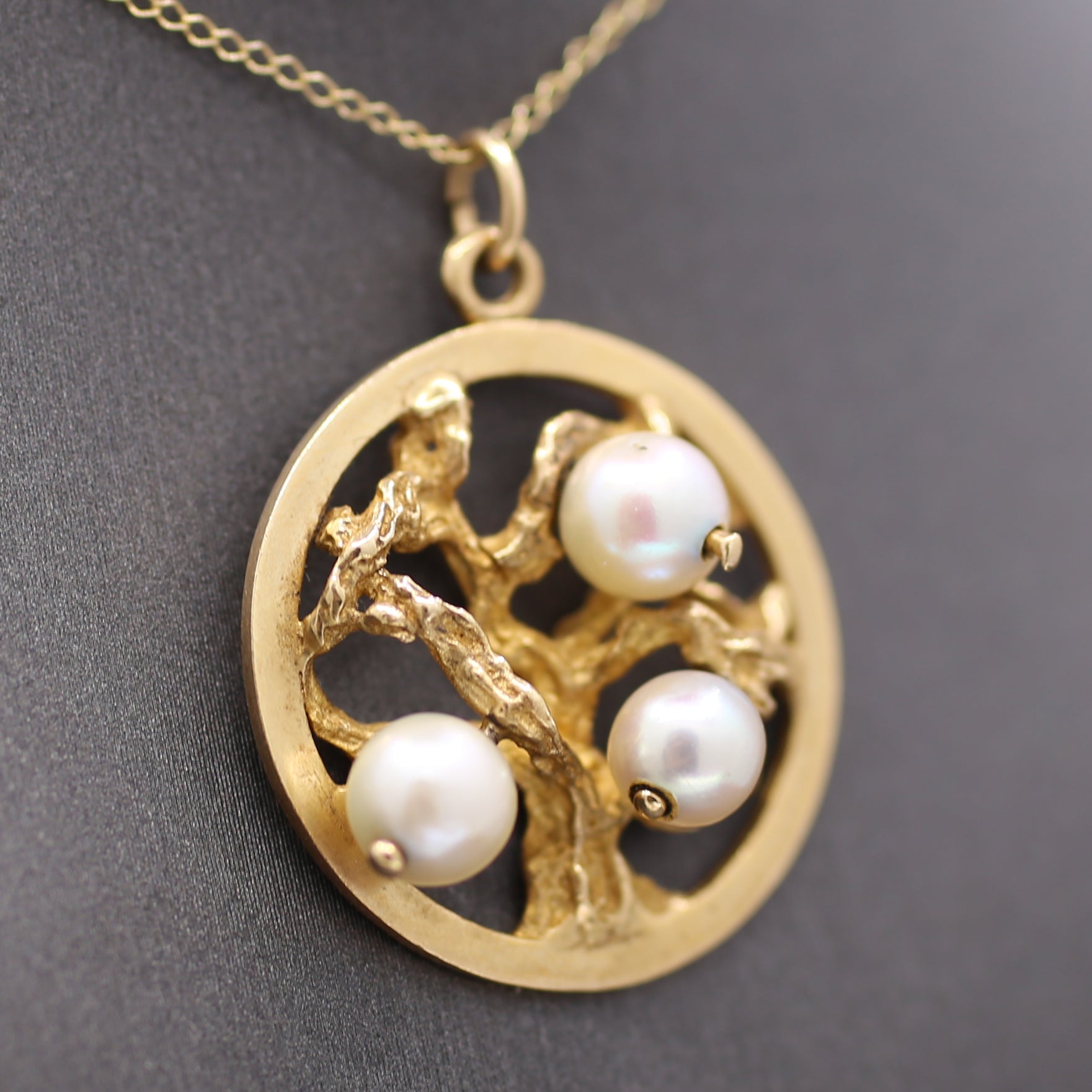  Mid-Century Three Stone Pearl Tree of Life Charm Pendant in 14k Yellow Gold
