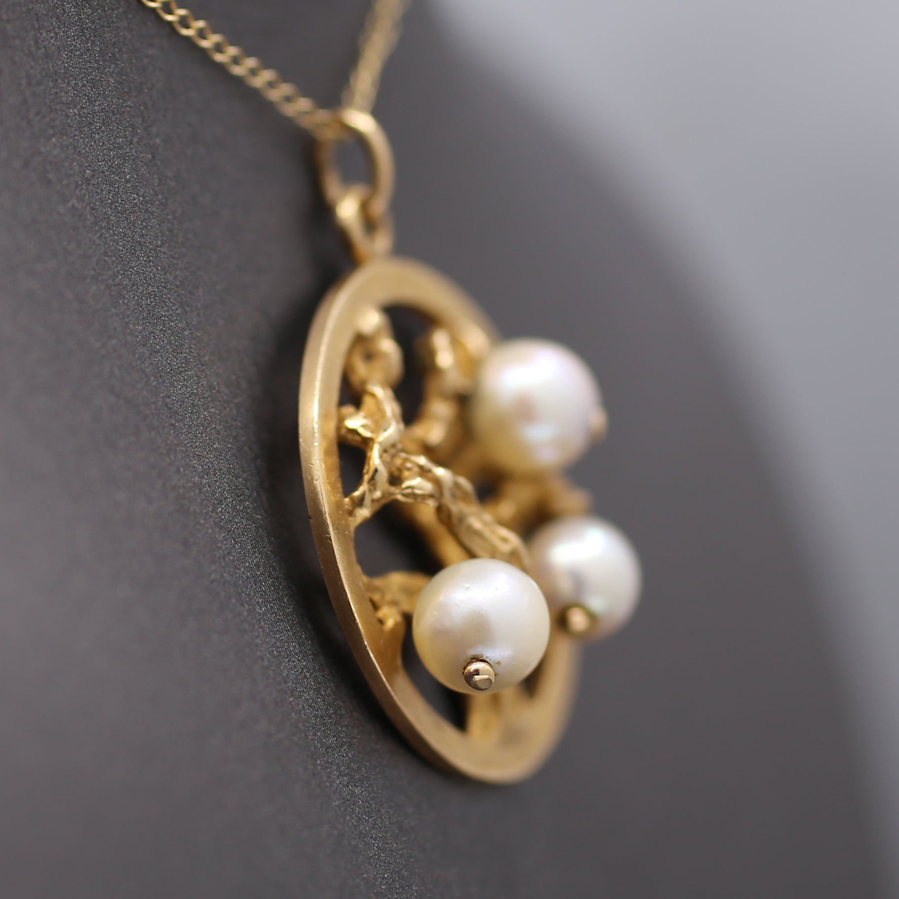  Mid-Century Three Stone Pearl Tree of Life Charm Pendant in 14k Yellow Gold