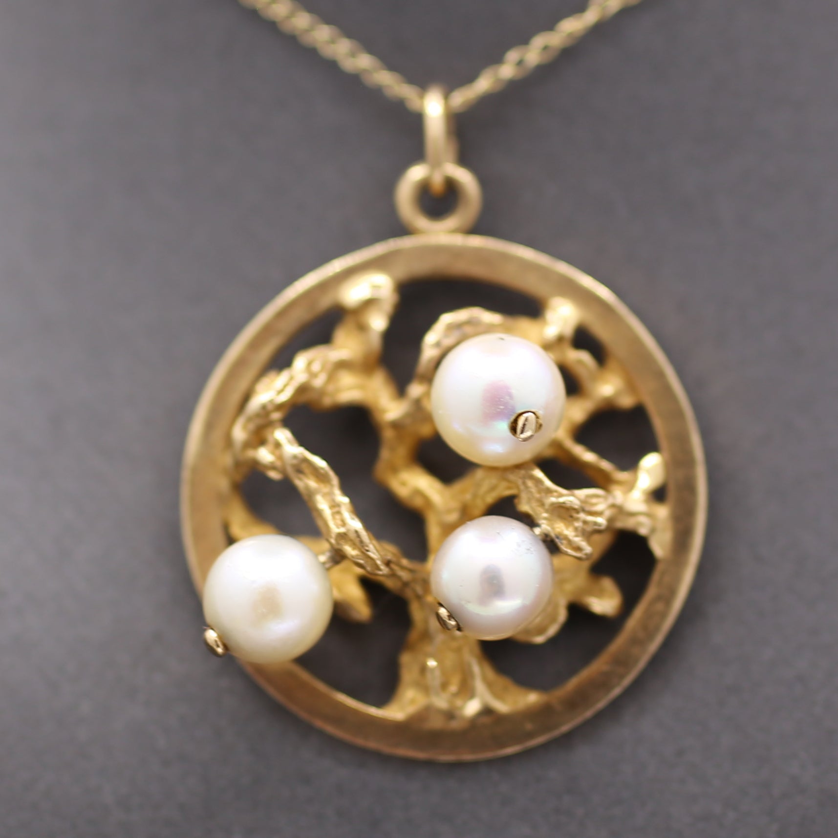 Mid-Century Three Stone Pearl Tree of Life Charm Pendant in 14k Yellow Gold