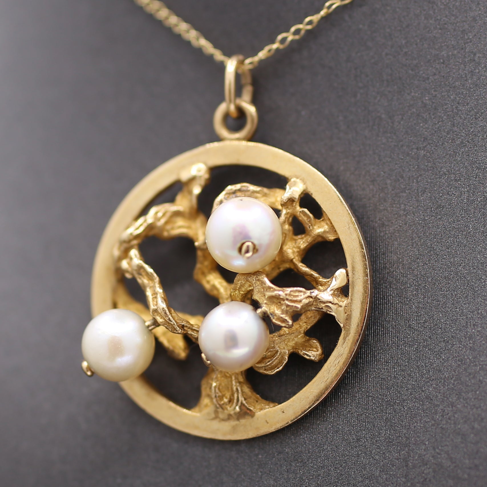  Mid-Century Three Stone Pearl Tree of Life Charm Pendant in 14k Yellow Gold